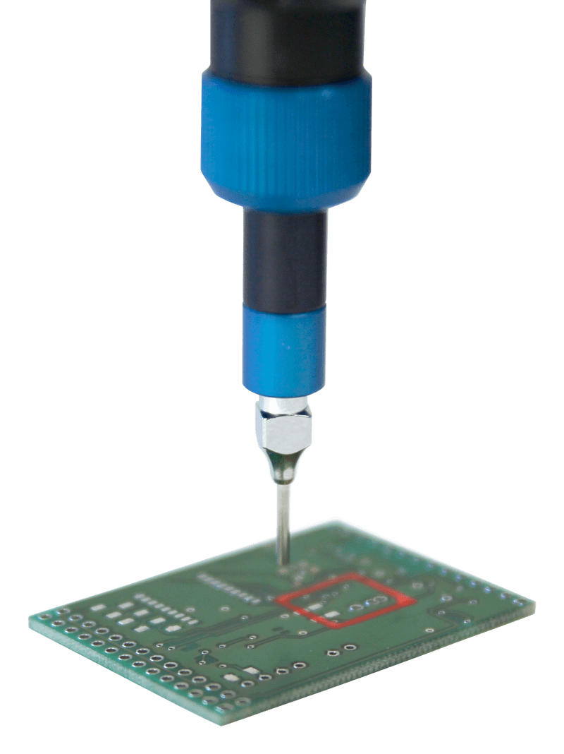 preeflow Anwendung: bei Dam & Fill Anwendungen wird mit dem preeflow Mikrodosierer erst eine hochviskose Barriere um die zu verschließende Fläche aufgetragen